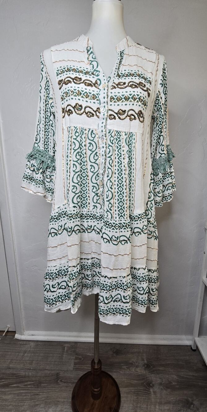 Zury Embellished Boho Tunic Dress Free Size White Green 100% Viscose India